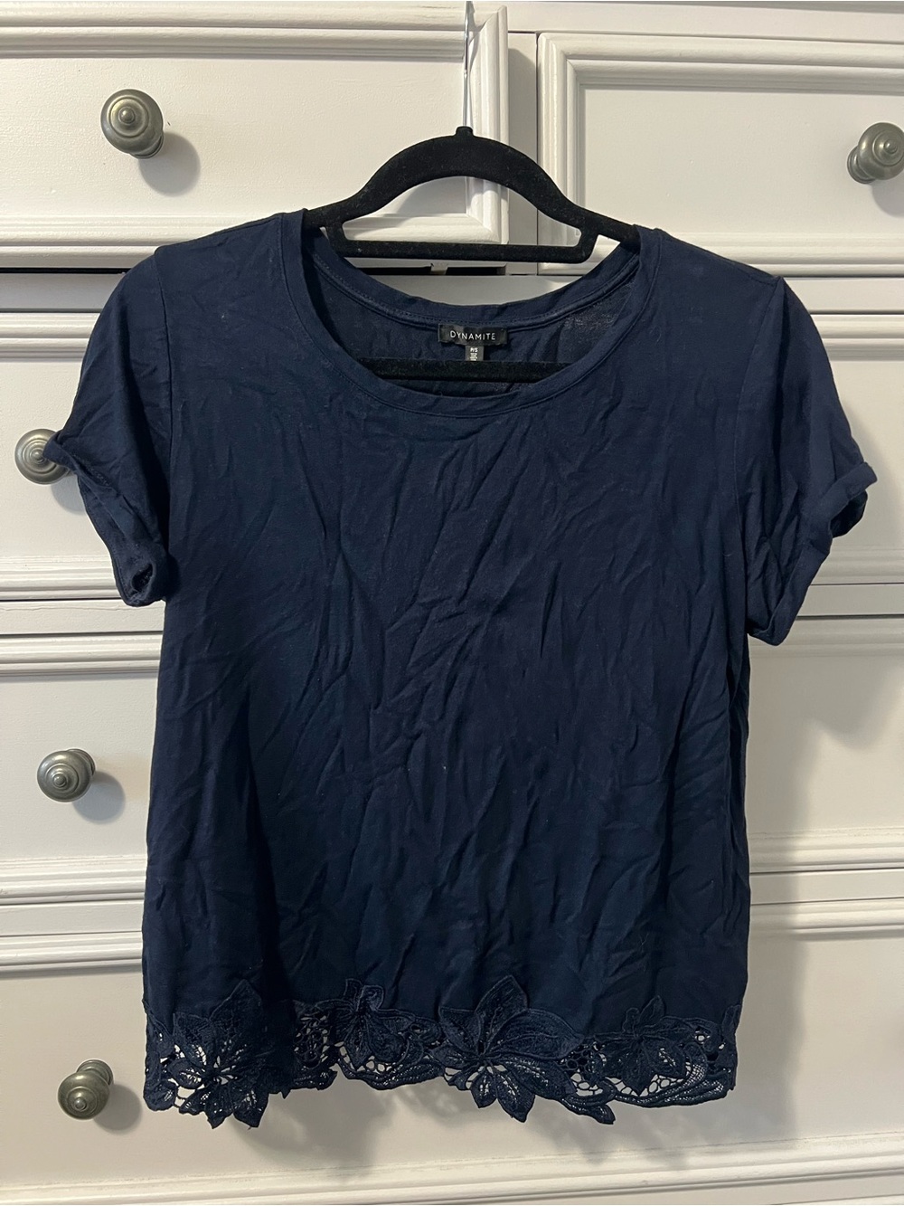 Dynamite Navy Short Sleeve Top with Floral Lace Trim